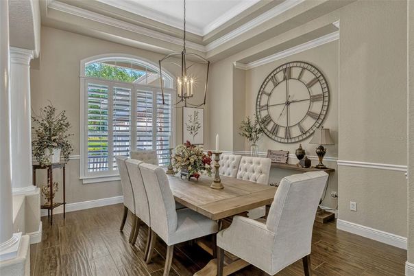 Dining room, Interior, Pendant Lights, Wood Texture Flooring