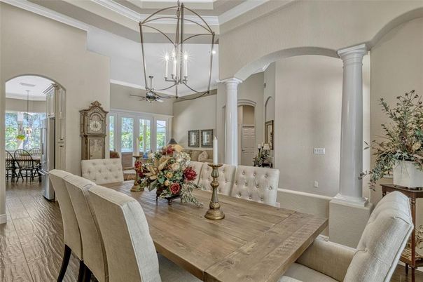Chandelier, Dining room, Interior, Pendant Lights, Wood Texture Flooring