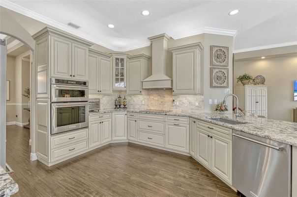 Interior, Kitchen, Recessed Lighting, Stainless Steel Appliances, Wood Texture Flooring