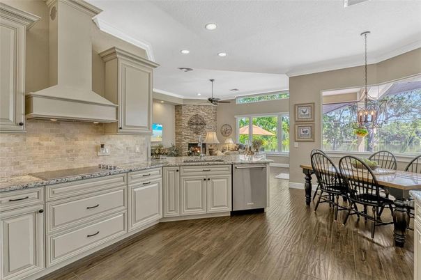 Dining room, Interior, Kitchen, Pendant Lights, Recessed Lighting, Stone Walls, Wood Texture Flooring