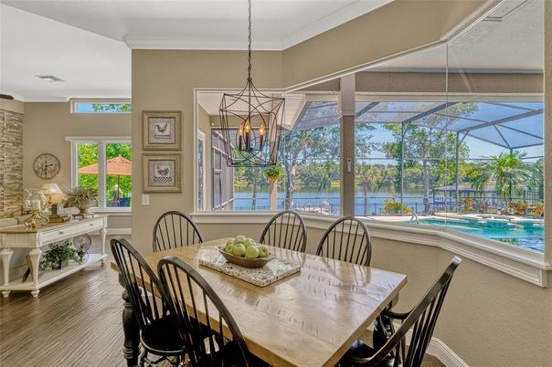 Dining room, Glass Ceilings, Interior, Pendant Lights, Sun Room, Water, Wood Texture Flooring