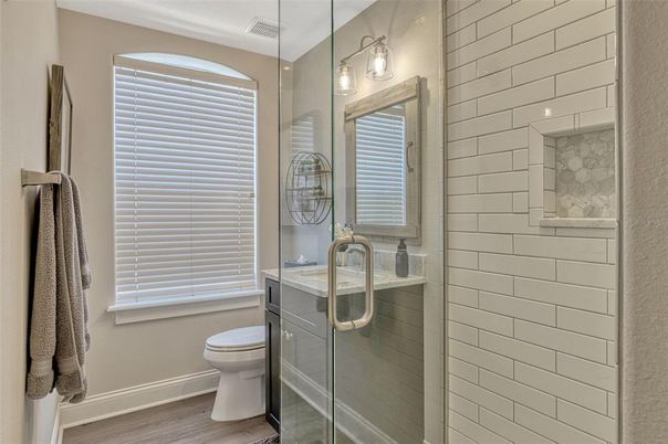 Bathroom, Glass Shower, Interior, Wood Texture Flooring