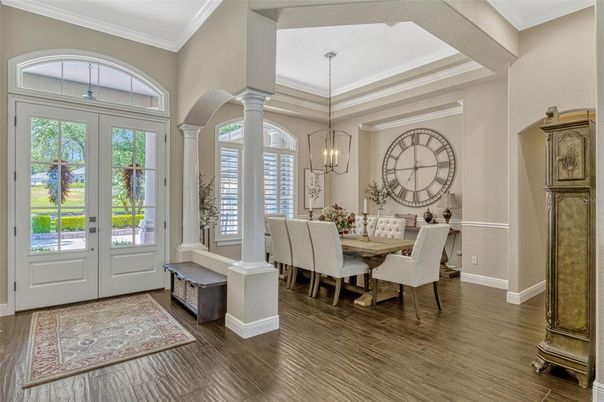 Dining room, Interior, Pendant Lights, Wood Texture Flooring