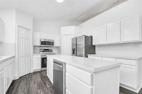 Interior, Kitchen, Recessed Lighting, Stainless Steel Appliances, Wood Texture Flooring