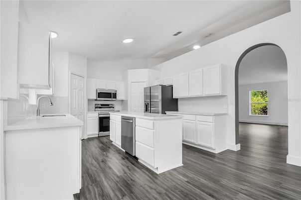 Interior, Kitchen, Recessed Lighting, Stainless Steel Appliances, Wood Texture Flooring
