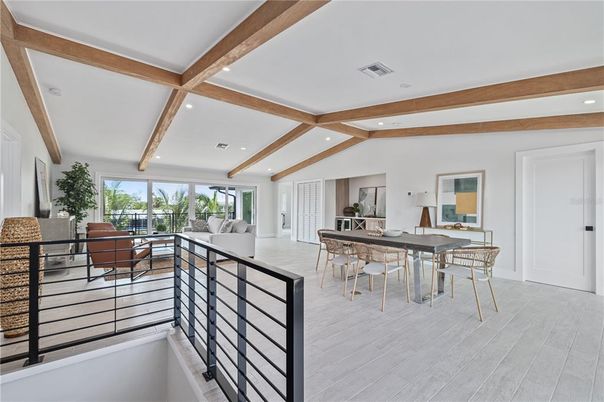 Dining room, Interior, Recessed Lighting, Wooden Beams, Wood Texture Flooring