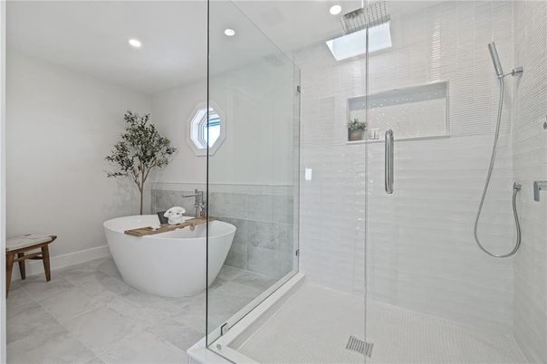 Bathroom, Free Standing Baths, Glass Shower, Interior, Recessed Lighting