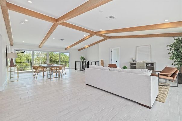 Dining room, Interior, Living room, Recessed Lighting, Wooden Beams, Wood Texture Flooring