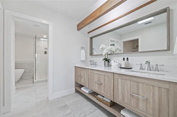 Bathroom, Dual Sink Vanities, Glass Shower, Interior, Wooden Beams