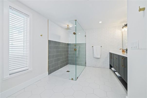 Bathroom, Glass Shower, Interior, Recessed Lighting