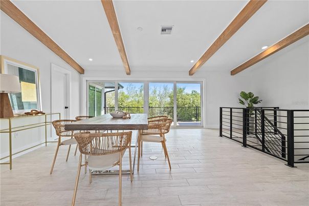 Dining room, Interior, Recessed Lighting, Wooden Beams, Wood Texture Flooring