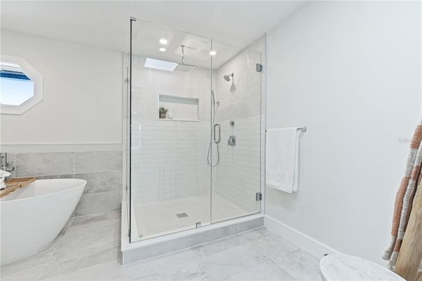 Bathroom, Free Standing Baths, Glass Shower, Interior, Marble, Recessed Lighting