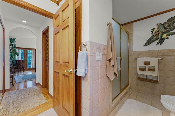 Bathroom, Interior, Recessed Lighting, Wood Texture Flooring