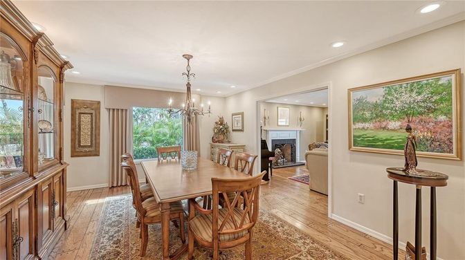 Dining room, Fireplace, Interior, Pendant Lights, Recessed Lighting, Wood Texture Flooring