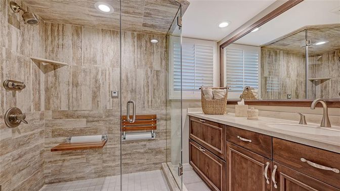 Bathroom, Dual Sink Vanities, Glass Shower, Interior, Recessed Lighting