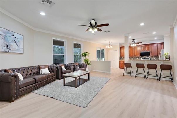 Interior, Kitchen, Living room, Recessed Lighting, Wood Texture Flooring