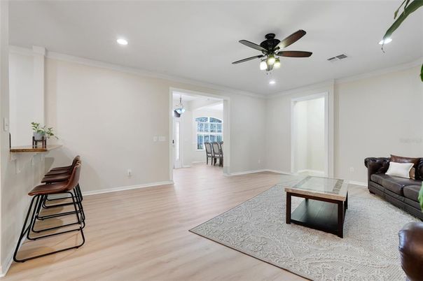 Interior, Living room, Recessed Lighting, Wood Texture Flooring