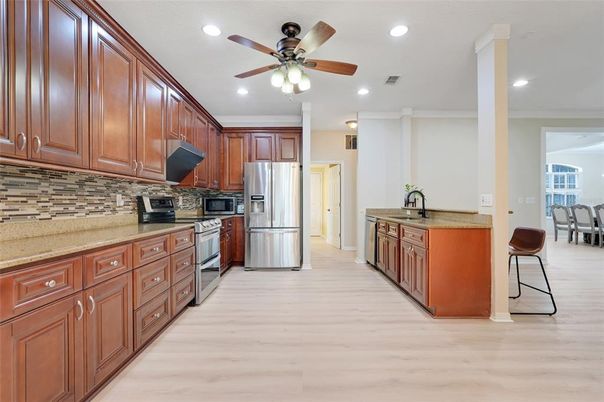 Interior, Kitchen, Recessed Lighting, Stainless Steel Appliances, Wood Texture Flooring