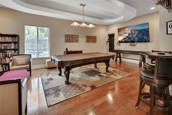 Billiard Table, Game Room, Interior, Pendant Lights, Recessed Lighting, Wood Texture Flooring