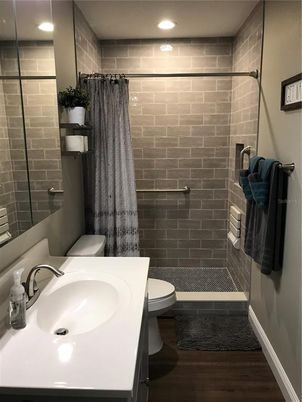 Bathroom, Glass Shower, Interior, Recessed Lighting, Wood Texture Flooring