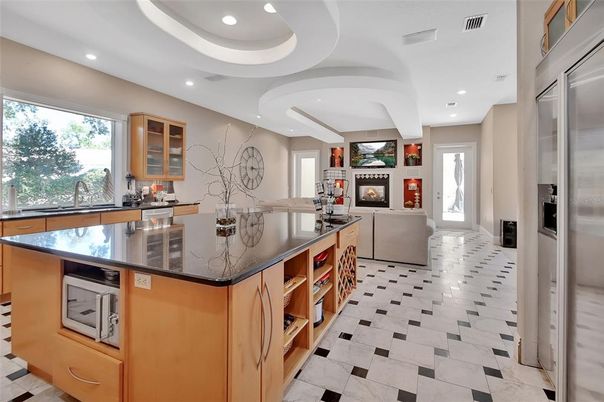 Fireplace, Interior, Kitchen, Recessed Lighting, Stainless Steel Appliances