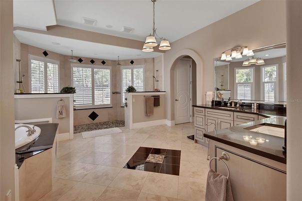 Bathroom, Chandelier, Dual Sink Vanities, Interior, Pendant Lights