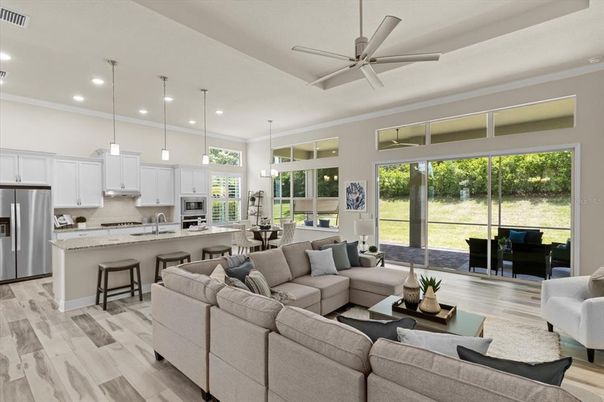 Dining room, Interior, Kitchen, Living room, Pendant Lights, Recessed Lighting, Stainless Steel Appliances, Wood Texture Flooring