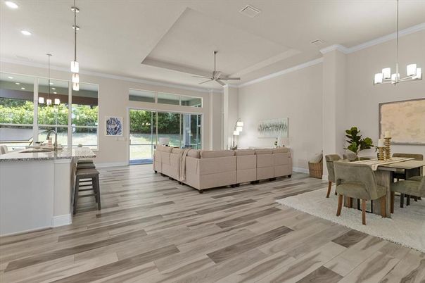 Dining room, Interior, Living room, Pendant Lights, Recessed Lighting, Wood Texture Flooring