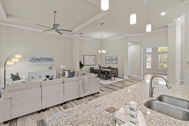 Dining room, Interior, Living room, Pendant Lights, Recessed Lighting, Wood Texture Flooring