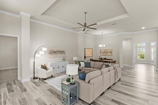 Dining room, Interior, Living room, Pendant Lights, Recessed Lighting, Wood Texture Flooring