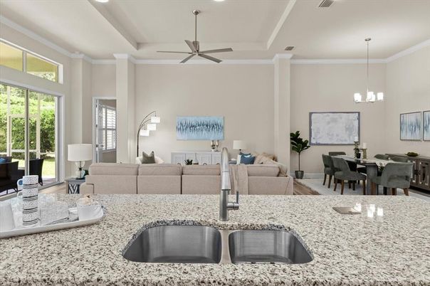 Dining room, Interior, Living room, Pendant Lights, Recessed Lighting, Wood Texture Flooring