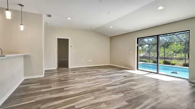 Empty room, Interior, Pendant Lights, Recessed Lighting, Wood Texture Flooring