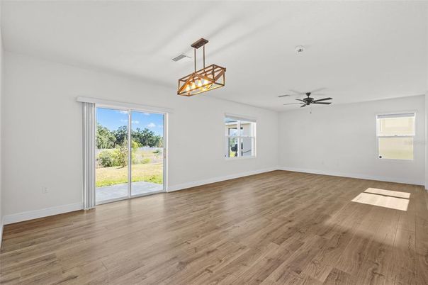 Empty room, Interior, Pendant Lights, Wood Texture Flooring