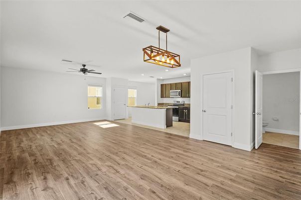 Empty room, Interior, Kitchen, Pendant Lights, Recessed Lighting, Wood Texture Flooring