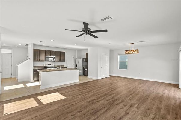 Interior, Kitchen, Pendant Lights, Recessed Lighting, Stainless Steel Appliances, Wood Texture Flooring