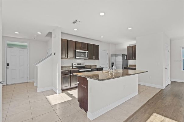 Interior, Kitchen, Recessed Lighting, Stainless Steel Appliances, Wood Texture Flooring