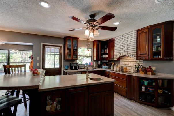 Interior, Kitchen, Recessed Lighting, Stone Walls, Wood Texture Flooring