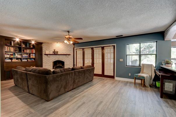 Fireplace, Interior, Living room, Stone Walls, Wood Texture Flooring