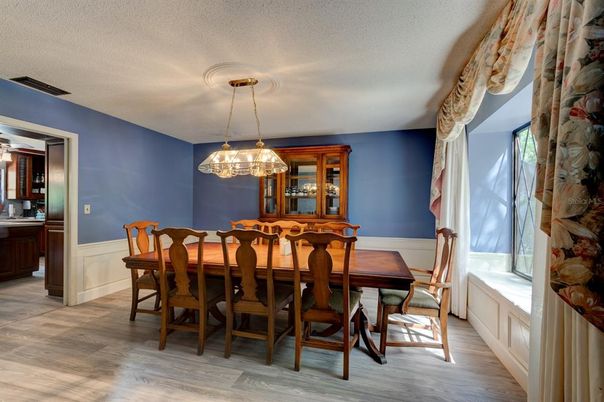 Dining room, Interior, Pendant Lights, Wood Texture Flooring
