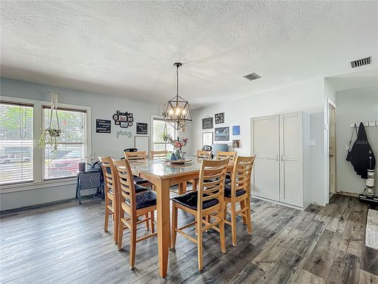 Dining room, Interior, Pendant Lights, Wood Texture Flooring