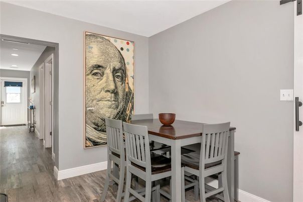 Dining room, Interior, Recessed Lighting, Wood Texture Flooring