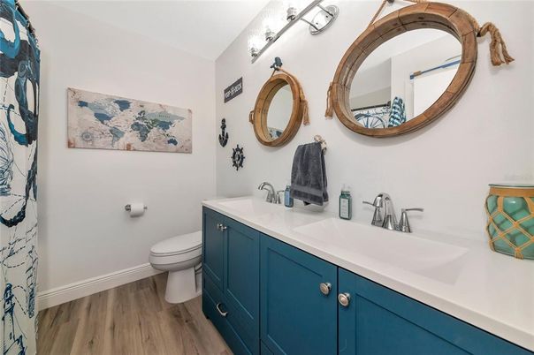 Bathroom, Dual Sink Vanities, Interior, Wood Texture Flooring