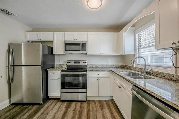 Interior, Kitchen, Stainless Steel Appliances, Wood Texture Flooring