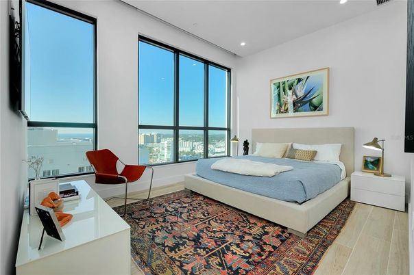 Bedroom, Interior, Recessed Lighting, Water, Wood Texture Flooring