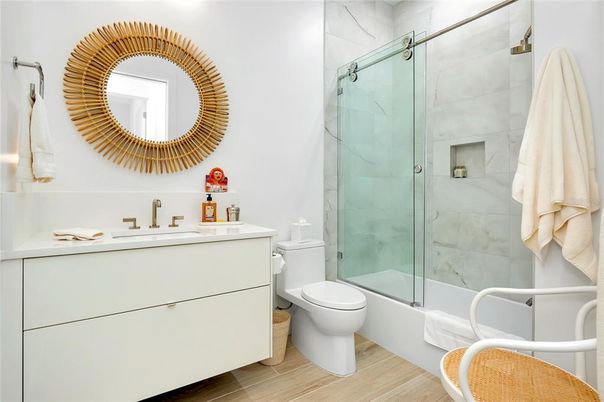 Bathroom, Glass Shower, Interior, Marble Walls, Wood Texture Flooring