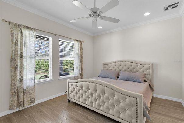 Bedroom, Interior, Recessed Lighting, Wood Texture Flooring