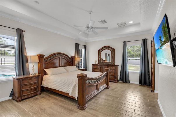 Bedroom, Interior, Recessed Lighting, Wood Texture Flooring
