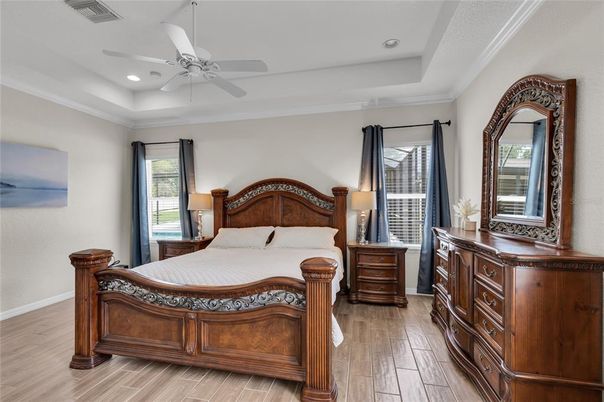 Bedroom, Interior, Recessed Lighting, Wood Texture Flooring
