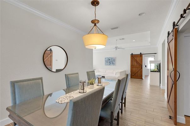 Dining room, Interior, Living room, Pendant Lights, Recessed Lighting, Wood Texture Flooring