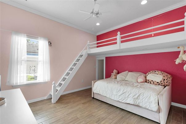 Bedroom, Interior, Recessed Lighting, Wood Texture Flooring